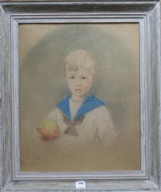 English school watercolour and pencil, portrait of a boy 63 x 51cm